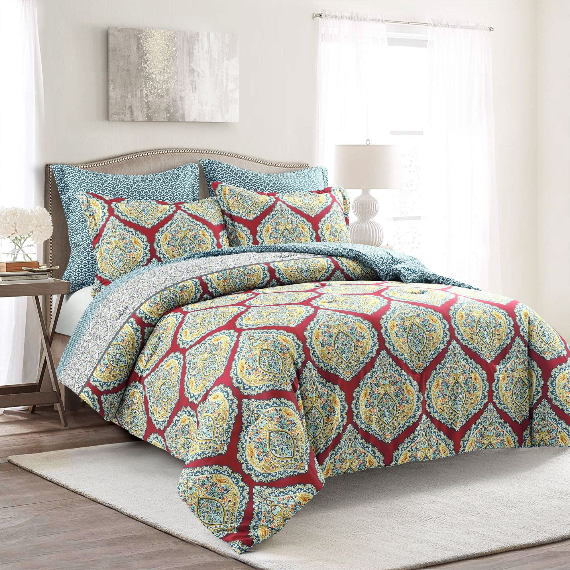 Full Red Microfiber Reversible Damask Comforter Set