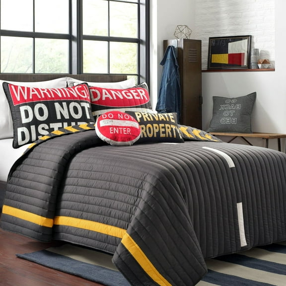 Lush Decor 100% Polyester Highway Reversible Quilt Charcoal/Yellow 5Pc Set Full/Queen