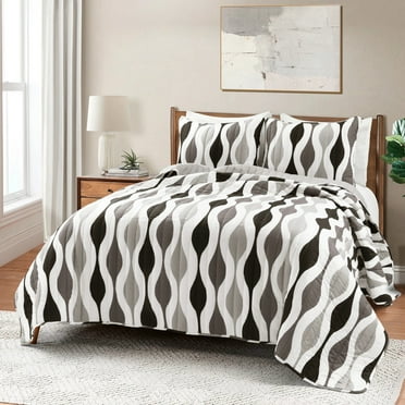 Lush Decor 100% Polyester Mid Century Geo Quilt Black/Gray 3Pc Set Full/Queen