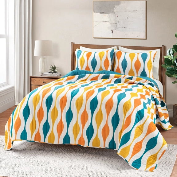 Lush Decor 100% Polyester Mid Century Geo Quilt Turquoise/Orange 3Pc Set Full/Queen