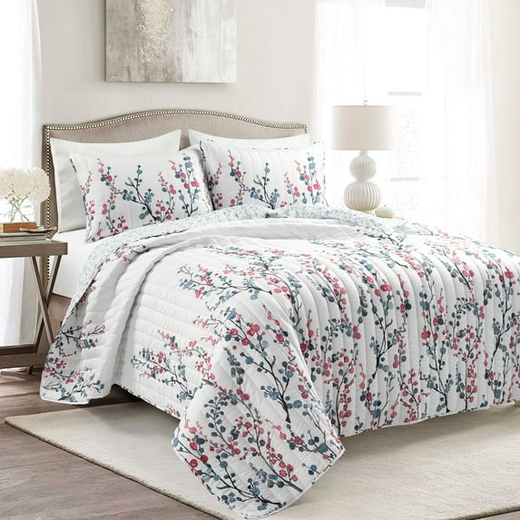 Lush Decor 100% Polyester Mirabelle Watercolor Floral Reversible Quilt Blue/Coral 3Pc Set Full/Queen