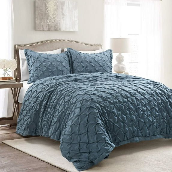 Lush Decor 100% Polyester Ravello Pintuck Soft Oversized Duvet Cover Stormy Blue 3Pc Set Full/Queen