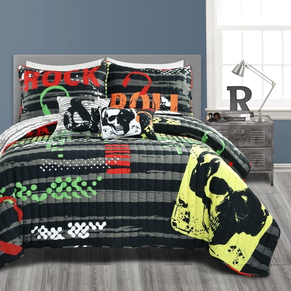 Lush Decor 100% Polyester Rock N Roll Reversible Quilt Black/Multi 5Pc Set Full/Queen