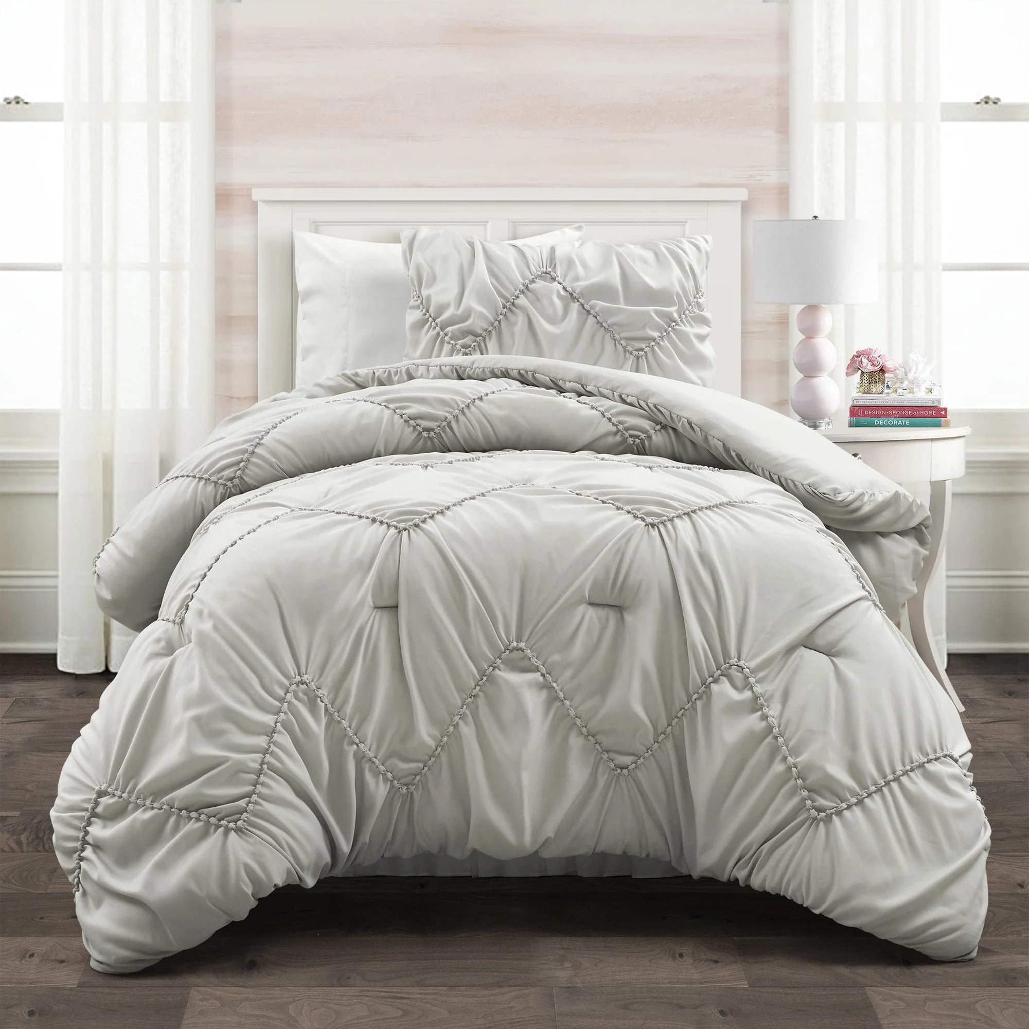 Light Gray Twin-XL Microfiber Ruched Chevron Comforter Set