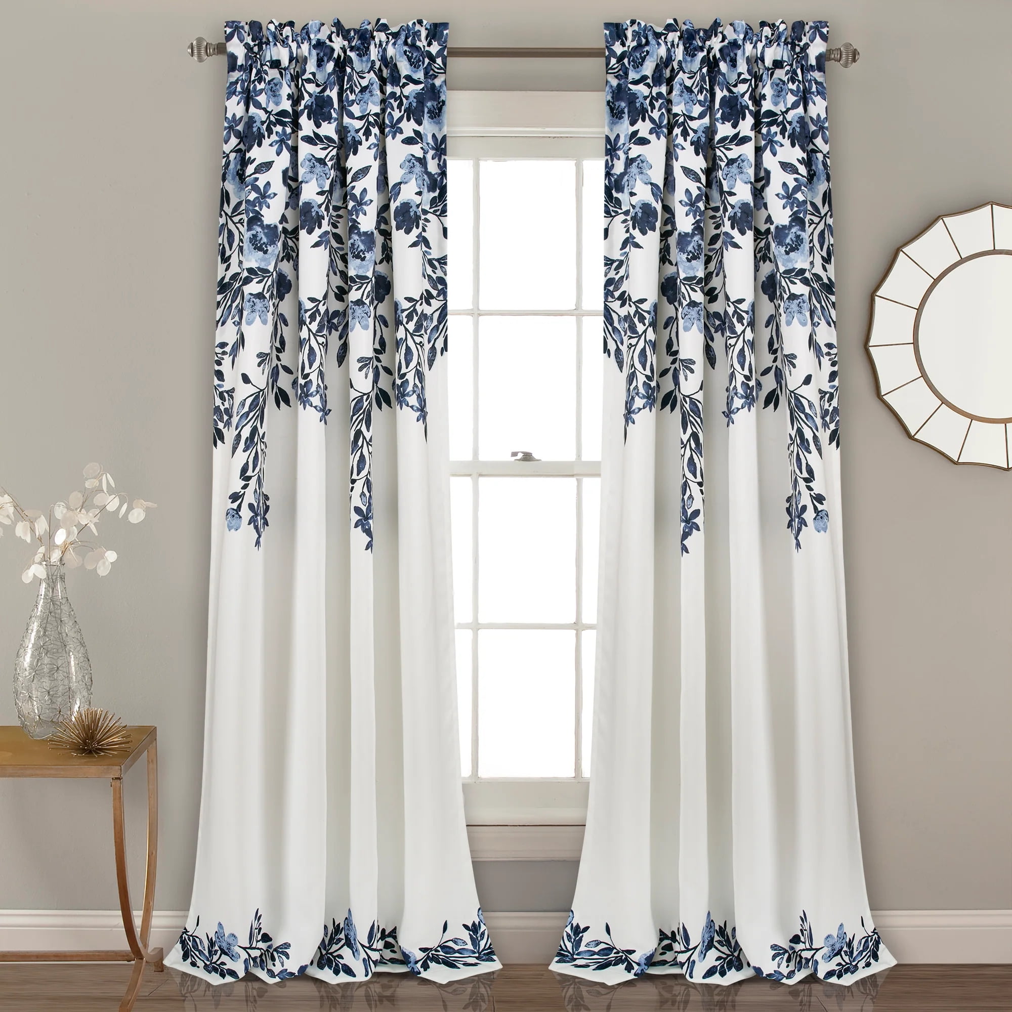 Tanisha Navy and White Floral Polyester Blackout Window Panels