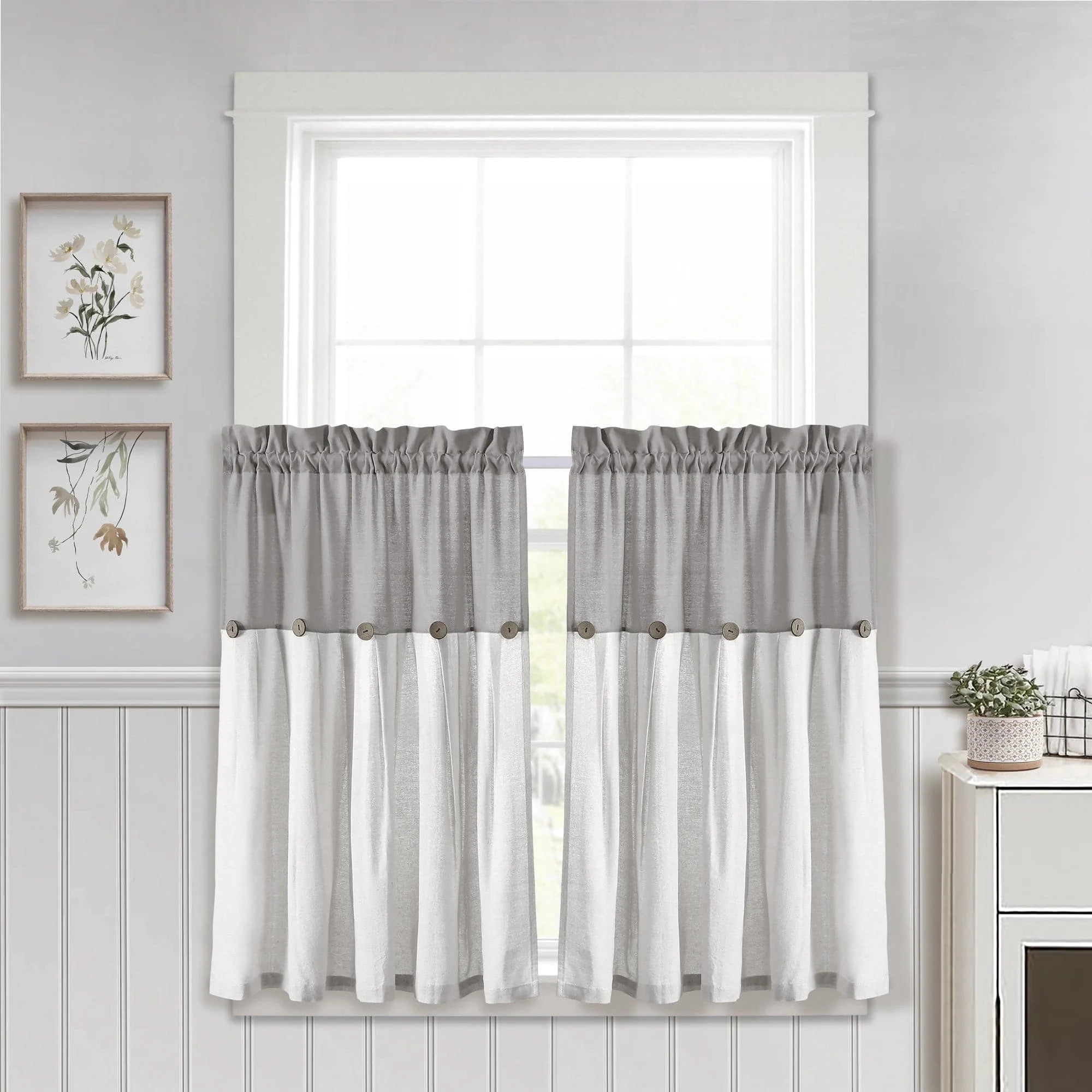 Gray and Off-White Cotton Blend Kitchen Tier Curtains with Rustic Buttons