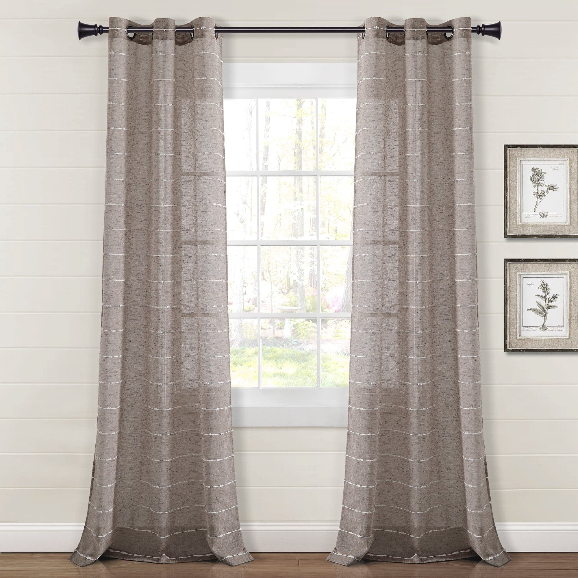 Farmhouse Brown Sheer Polyester Grommet Window Curtain Panel Set