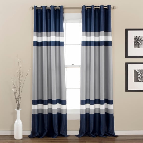 Open Box Lush Decor Alexander Stripe Room darkening Window Curtain Panels Navy 52x95 Set