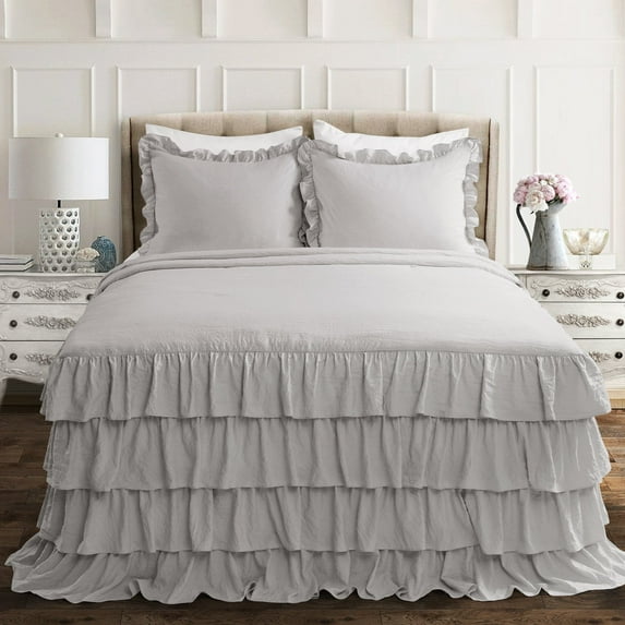 Lush Decor Allison Light Gray Ruffle Skirt Bedspread, Full - 3-Pc Set