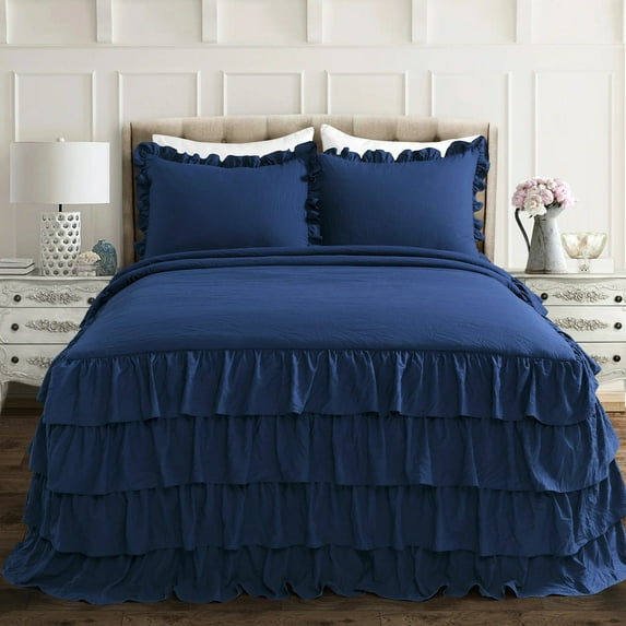 Lush Decor Allison Ruffle Skirt Navy Bedspread, Queen - 3 Count