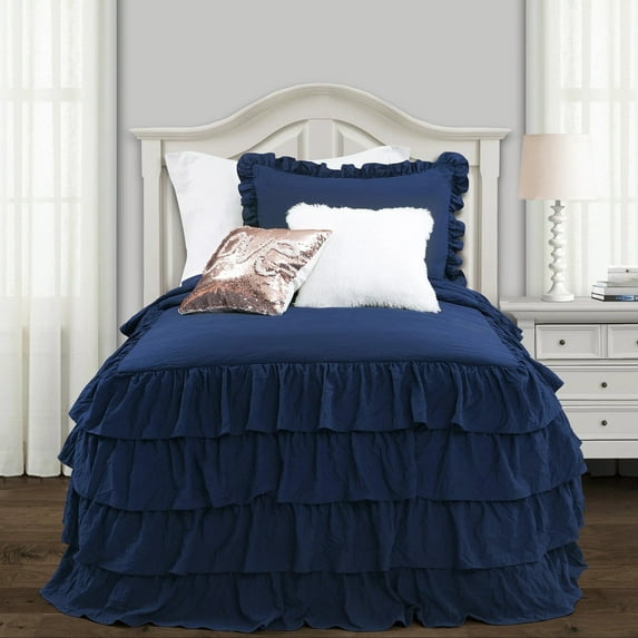 Lush Decor Allison Ruffle Skirt Bedspread, Twin XL, Navy, 2-Pc Set