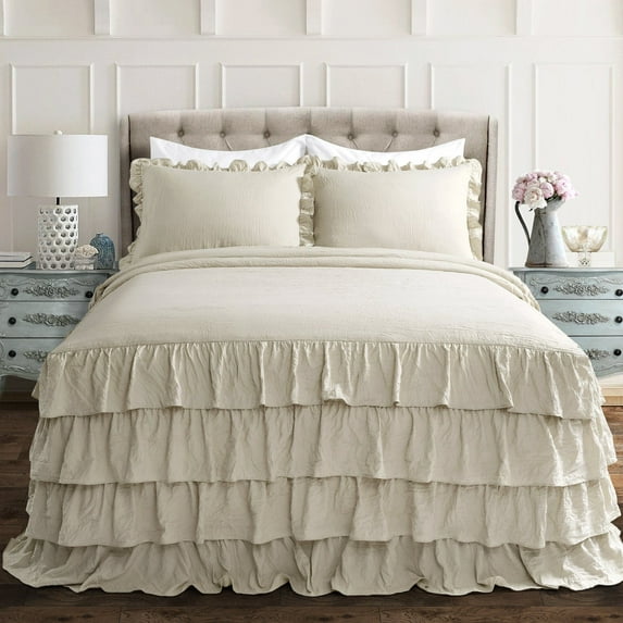 Lush Decor Allison Ruffle Skirt Polyester Bedspread, King, Neutral, 3-Pc Set