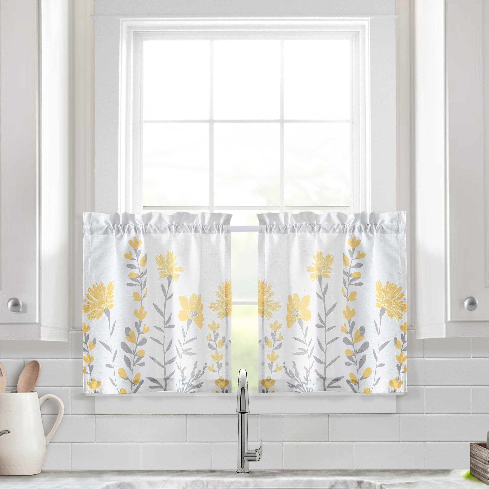 Aprile Yellow and Gray Floral Cotton Blend Kitchen Window Tiers