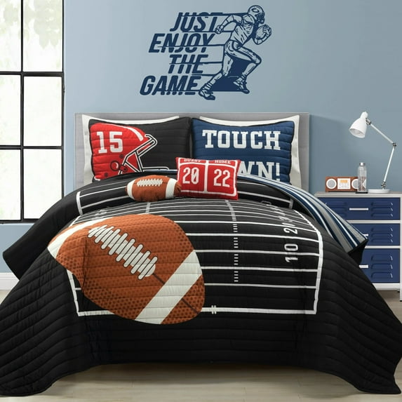 Lush Decor American Football Reversible Oversized Kids Quilt Black/Navy 5Pc Set Full/Queen