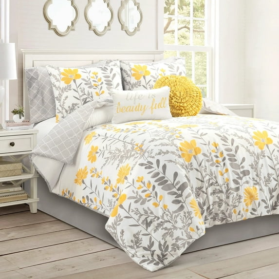 Lush Decor Aprile Floral Soft Reversible Oversized Comforter Yellow/Gray 8Pc Set Queen