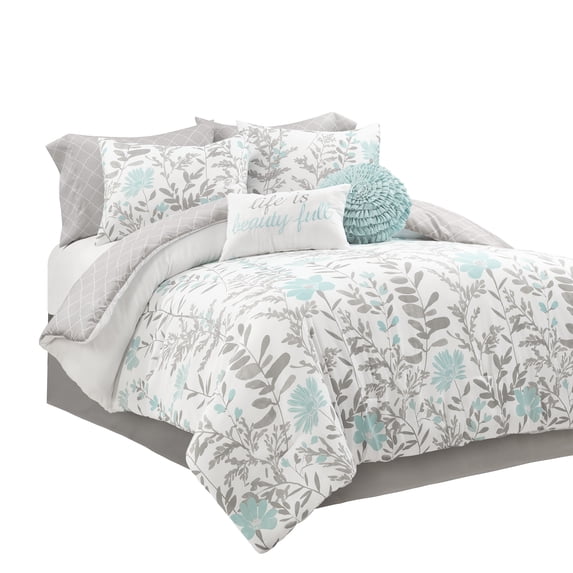 Lush Decor Aprile Soft Reversible Floral Comforter Set, 8 Piece Set, King, Blue & Gray - Beautiful King Bedding Sets - Blue Comforter - Spring Decor - Cottage & Farmhouse Bedroom Decor