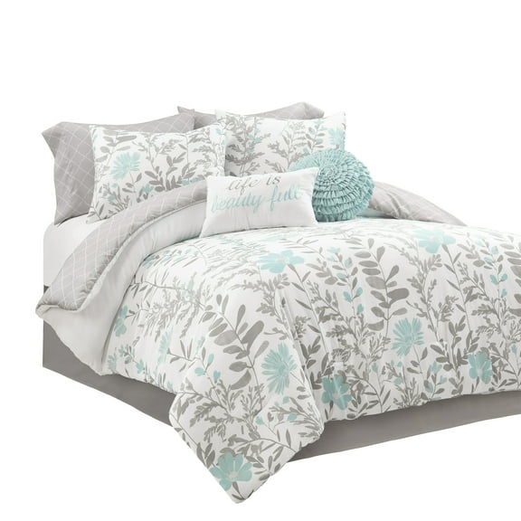 Lush Decor Aprile Soft Reversible Floral Comforter Set, 8 Piece Set, Queen, Blue & Gray - Beautiful Queen Bedding Sets - Blue Comforter - Spring Decor - Cottage & Farmhouse Bedroom Decor