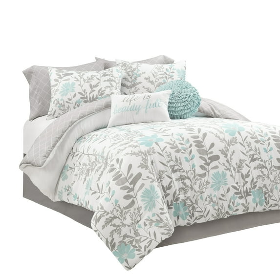 Lush Decor Aprile Soft Reversible Floral Comforter Set, 8 Piece Set, Queen, Blue & Gray - Beautiful Queen Bedding Sets - Blue Comforter - Spring Decor - Cottage & Farmhouse Bedroom Decor