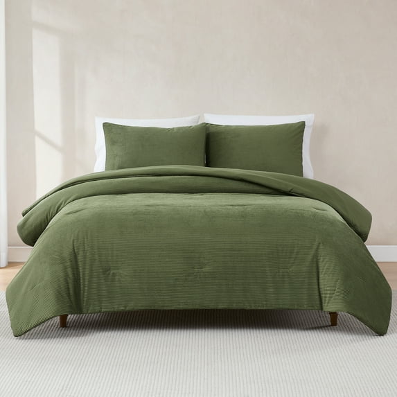 Lush Decor Arden Ribbed Corduroy Comforter 3 Piece Set King/ Cal King Olive - Green Bedding Set - Soft Velvet Comforter - Plush Bedding - Retro Decor