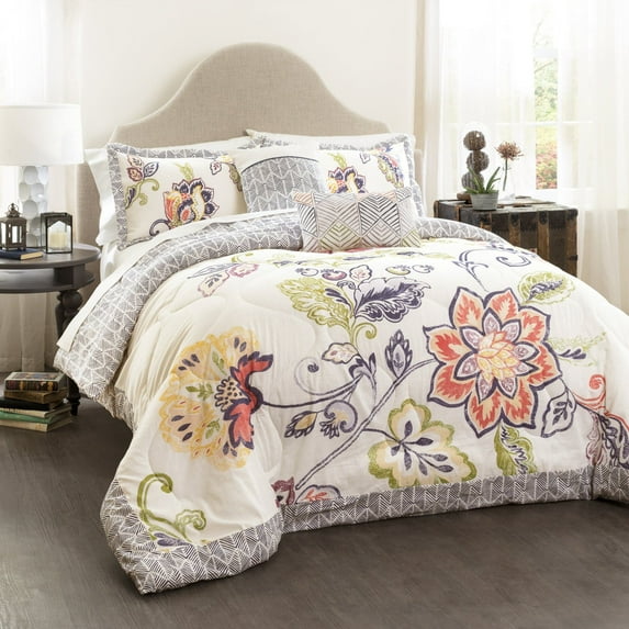 Lush Decor Aster Floral Quilted Stitching Comforter, King, Coral/Navy, 5-Pc Set