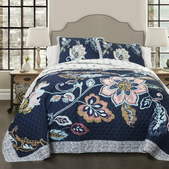 Lush Decor Aster Quilt Navy 3Pc Set Full/Queen