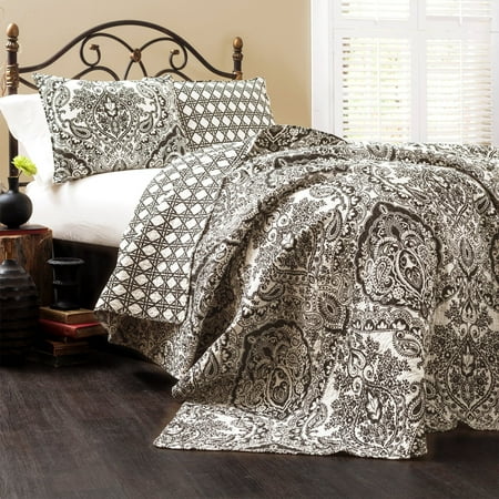 Lush Decor Aubree Damask Cotton Reversible Quilt, Full/Queen, Black/White, 3-Pc Set