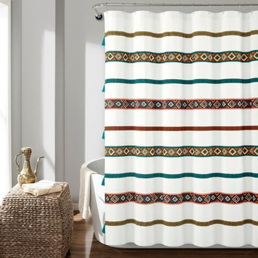 Lush Decor Ava Boho Stripe Tassel Yarn Dyed Eco-Friendly Recycled Cotton Blend Shower Curtain Turquoise/Orange Single 72X72