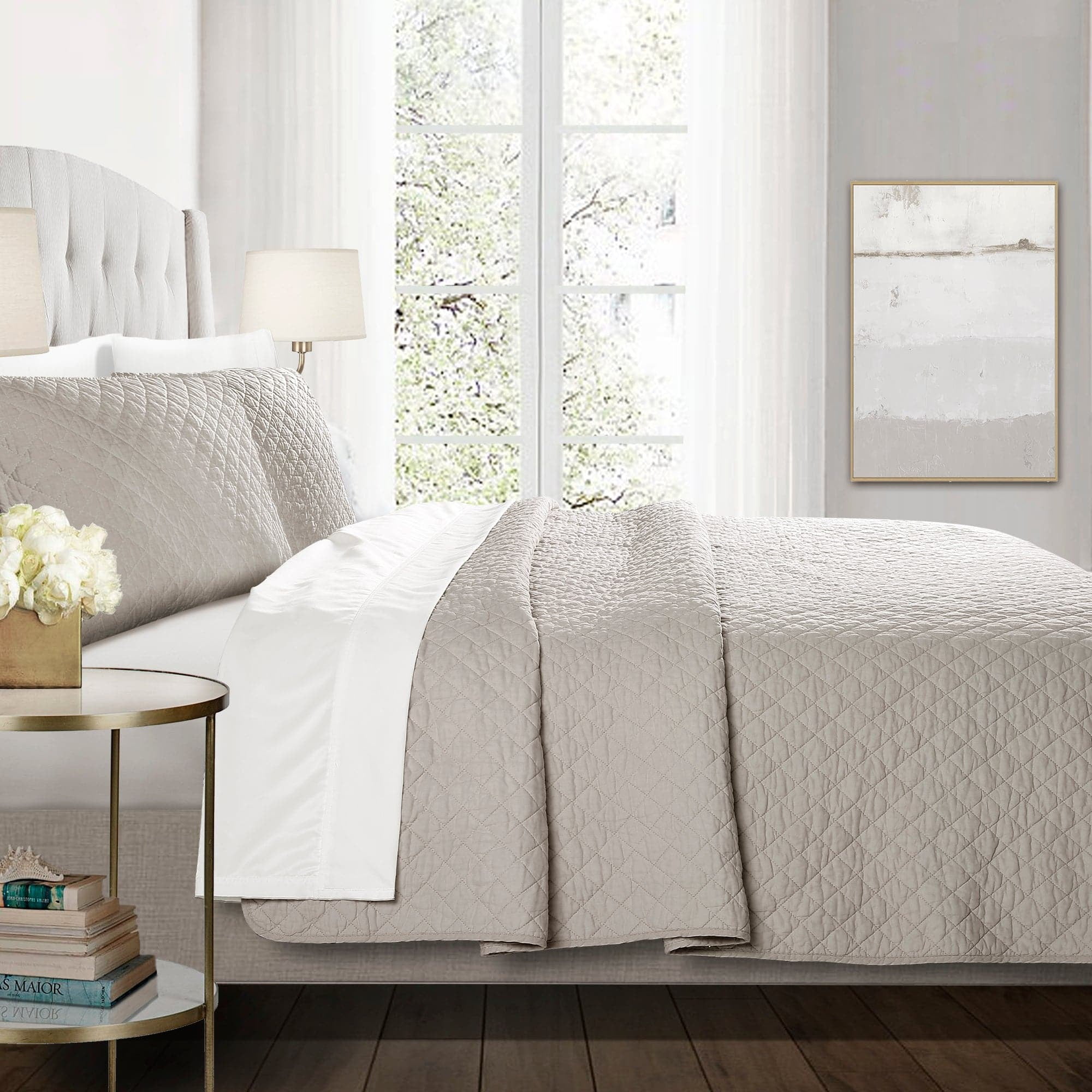Lush Decor Ava Diamond Minimalist Modern Solid Cotton Lightweight Oversized Quilt, King, Gray, 2-3 Piece Set