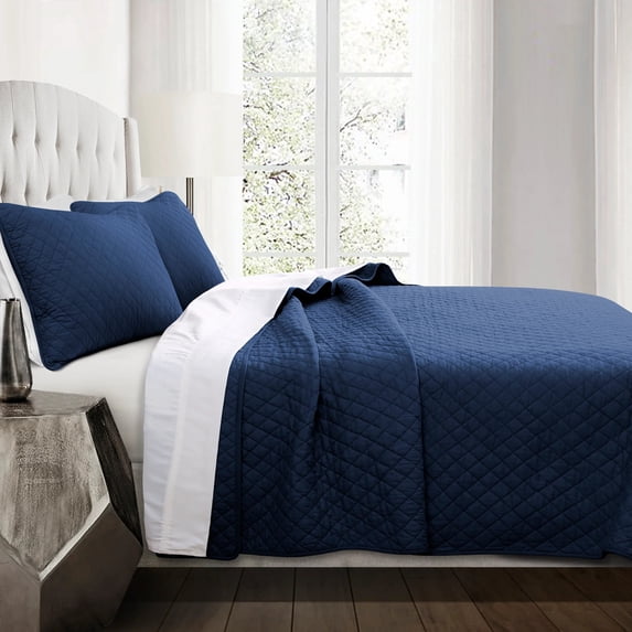 Lush Decor Ava Diamond Minimalist Modern Solid Cotton Lightweight Oversized Quilt, King, Navy, 2-3 Piece Set