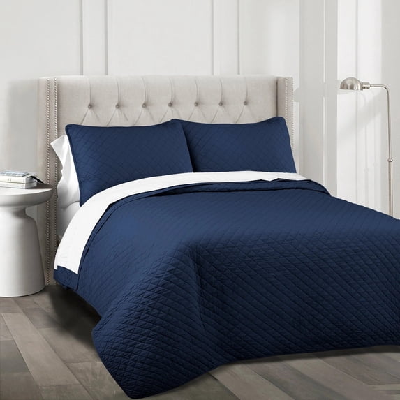 Lush Decor Ava Diamond Oversized Cotton Quilt Navy 3Pc Set Full/Queen