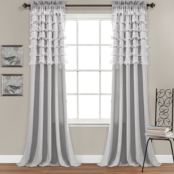 Lush Decor Avery Ruffle 84" x 54" + 2" Header Ruffle Light Gray 100% Polyester 3" Rod Pocket Pair Window Panel