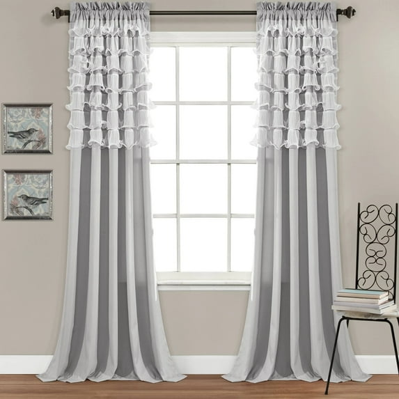 Lush Decor Avery Ruffle 84" x 54" + 2" Header Ruffle Light Gray 3" Rod Pocket Pair Window Panel