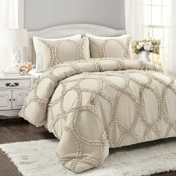 "Lush Decor Avon Shabby Chic Textured Ruffle Detail Comforter, Full/Queen, Neutral, 3-Pc Set"