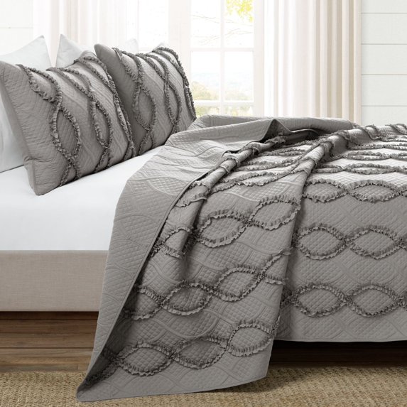 Lush Decor Avon Textured Ruffle Quilt Dark Gray 3Pc Set King
