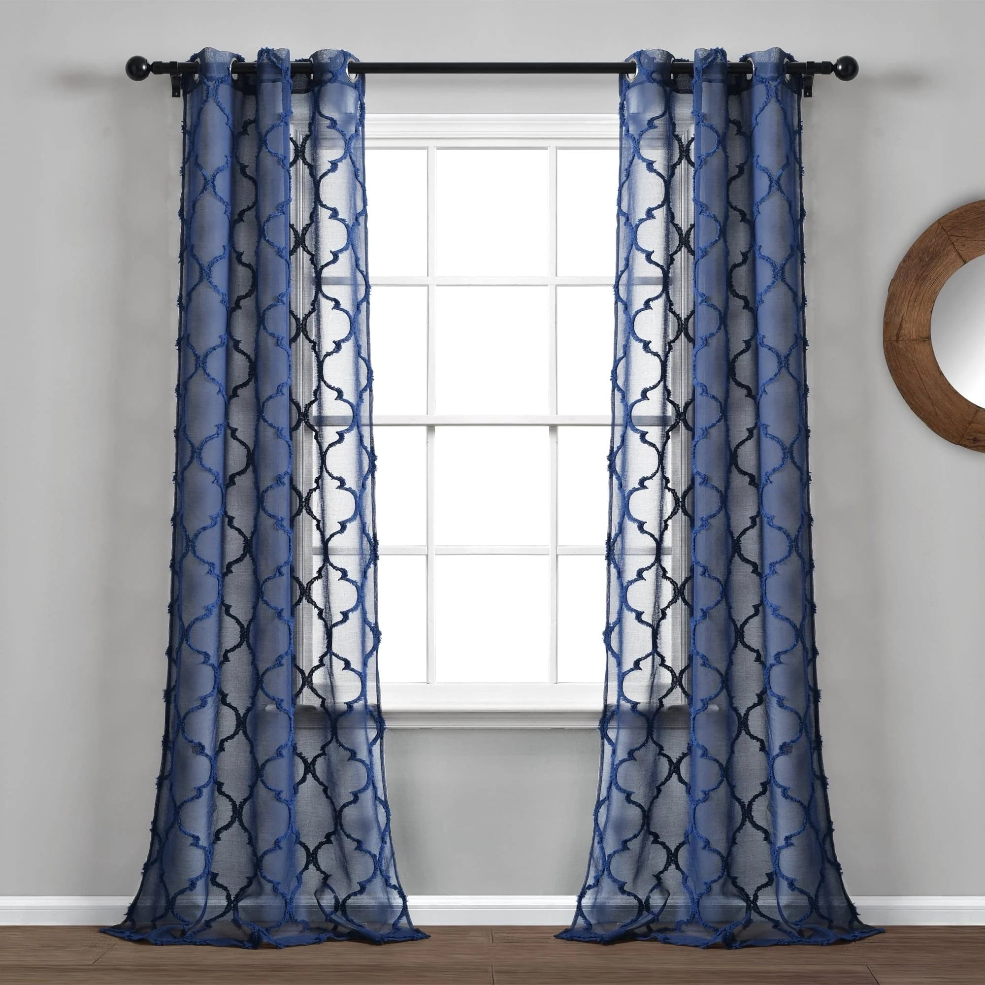 Navy Trellis Pattern Sheer Grommet Drapes, 84" x 38"