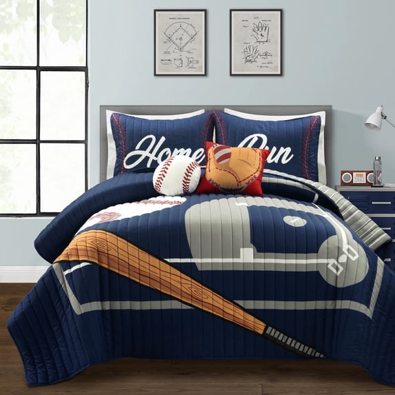 Lush Decor Baseball Game Reversible Oversized Kids Quilt Navy/Gray 5Pc Set Full/Queen