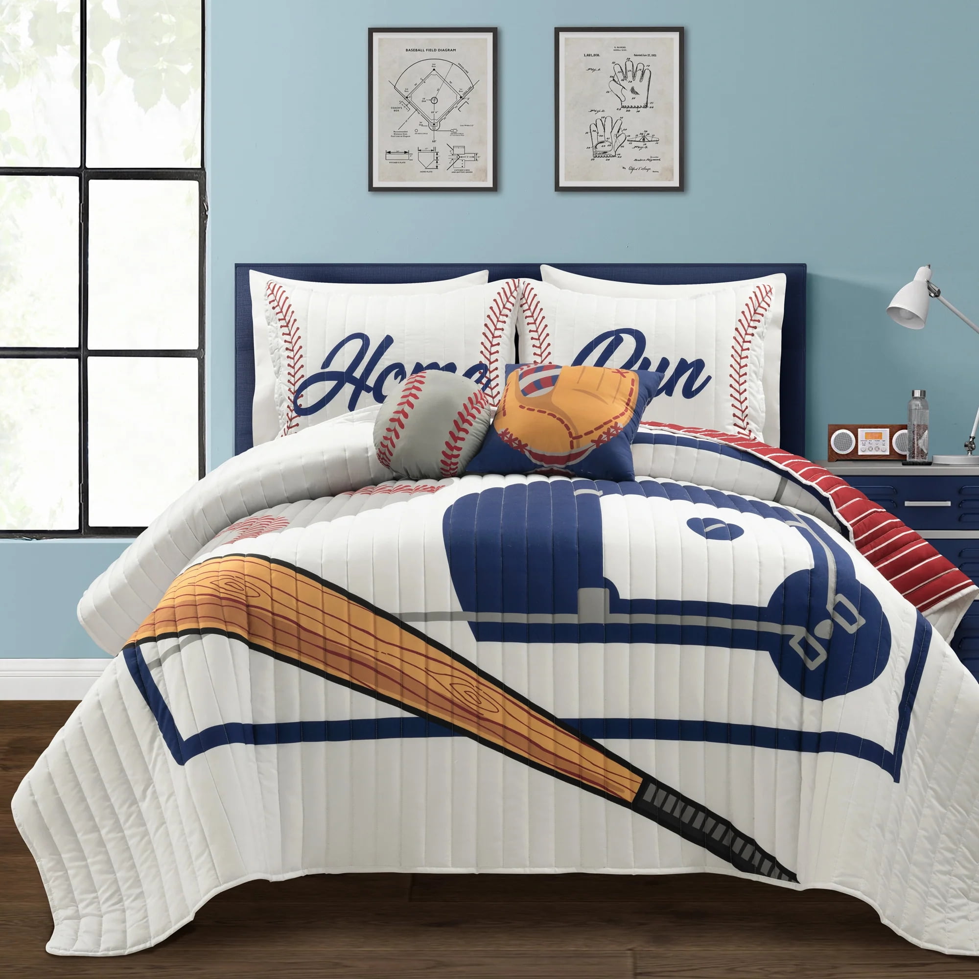 Lush Decor Baseball Game Reversible Oversized Kids Quilt White/Red 5Pc Set Full/Queen