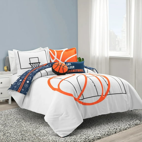 Lush Decor Basketball Reversible Oversized Kids Comforter - White/Navy 5 Piece Bedding Set - Full / Queen