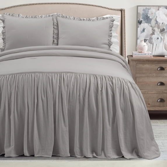 Lush Decor Belgian Flax Prewashed Linen Rich Cotton Blend Bedspread Gray 3Pc Set King/Cal King