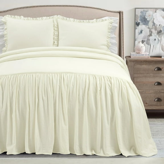 Lush Decor Belgian Flax Prewashed Linen Rich Cotton Blend Bedspread Ivory 3Pc Set King/Cal King