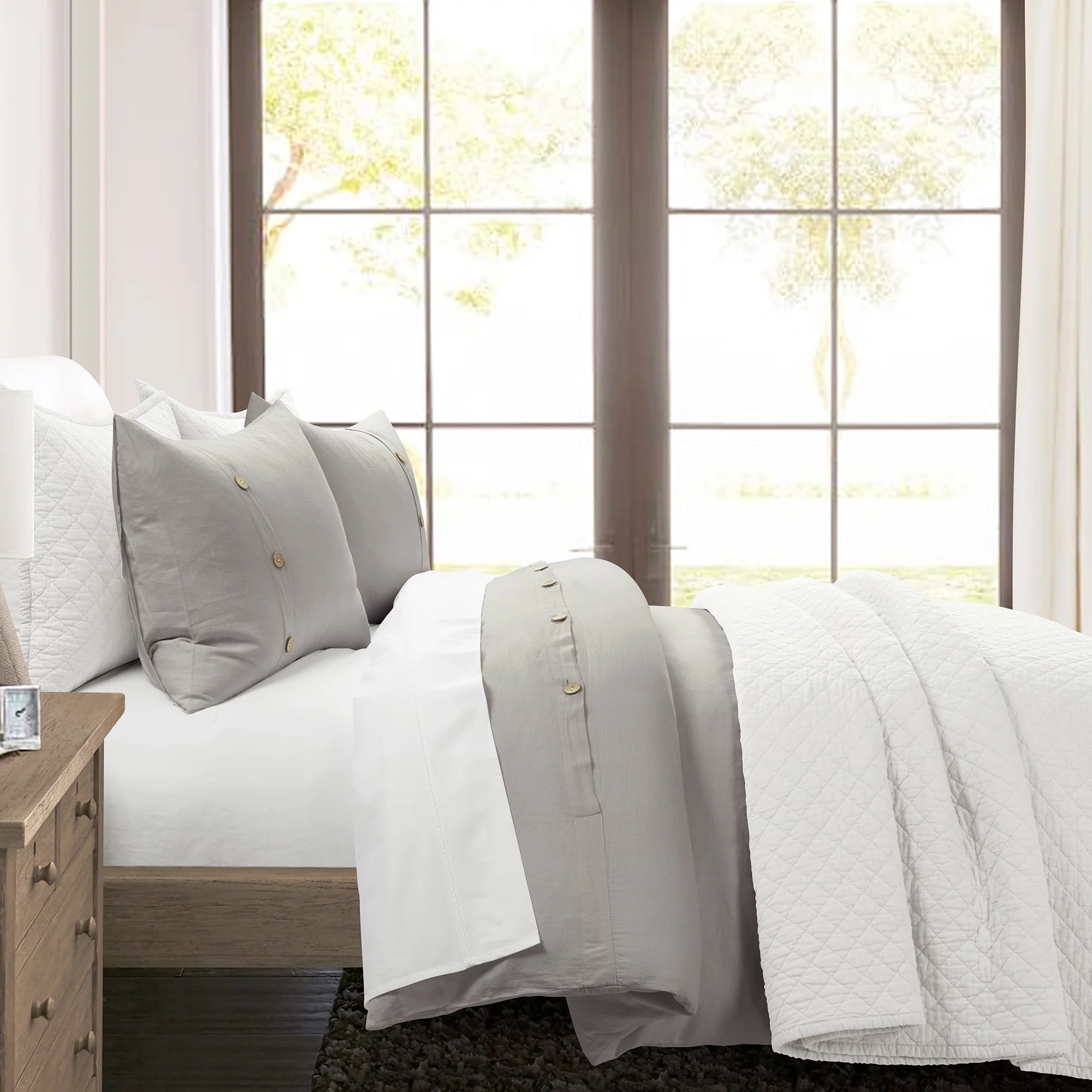 Lush Decor Belgian Flax Prewashed Linen Rich Cotton Blend Duvet Cover Gray 3Pc Set Full/Queen