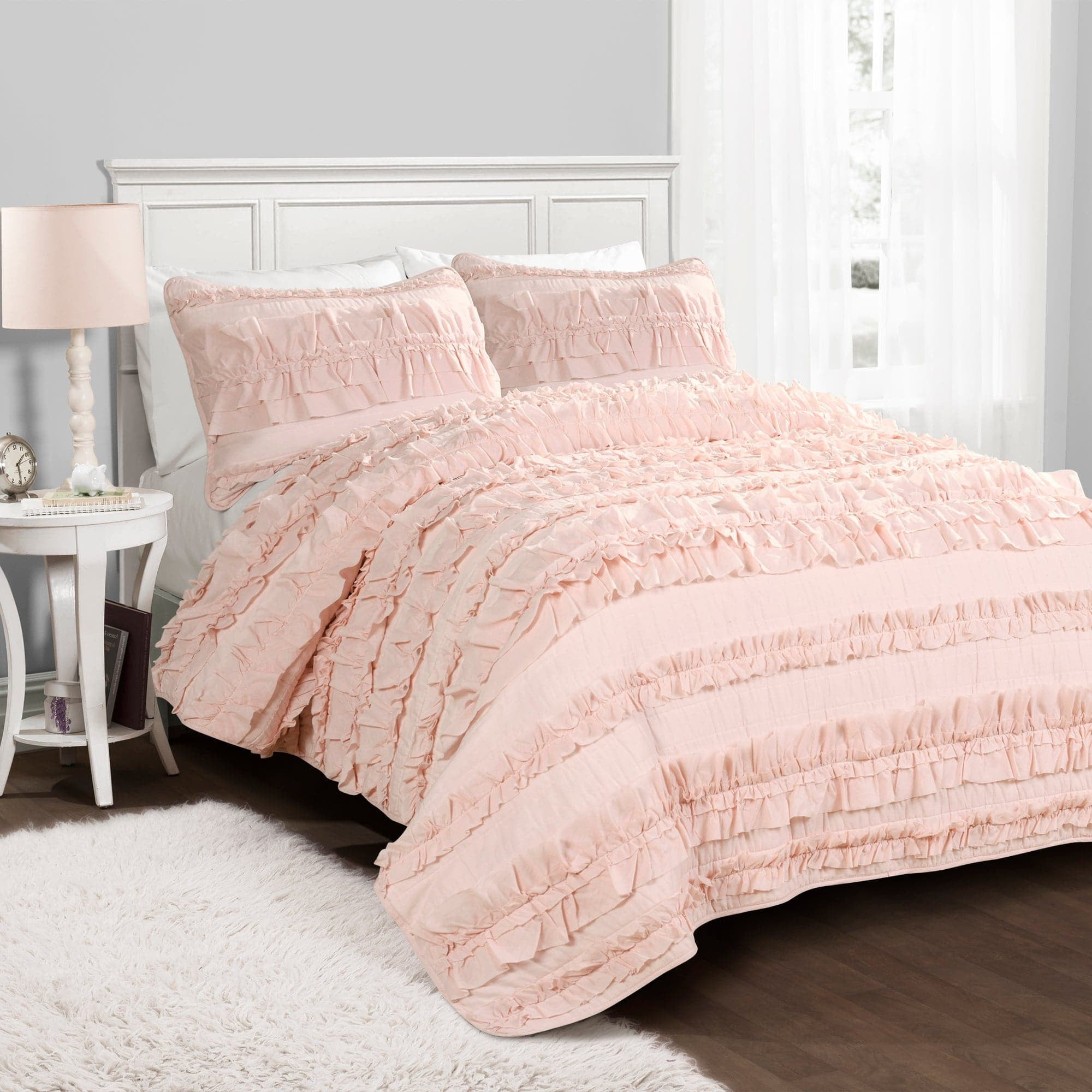 Pink Blush Cotton Twin Reversible Ruffled Quilt Set