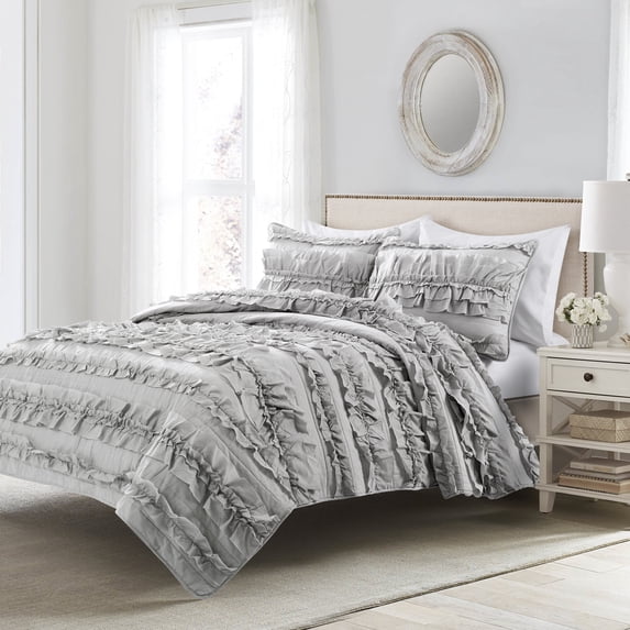 Lush Decor Belle Textured Cotton- Ruffle Quilt, Twin, Light Gray, 2-Pc Set