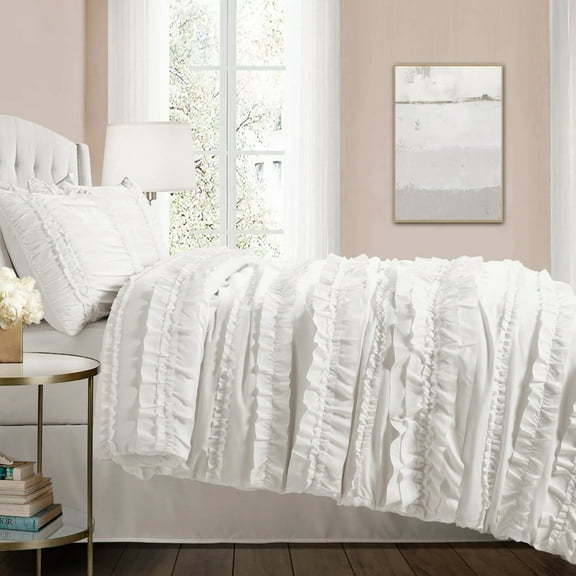 Lush Decor RUFFLED Comforter Set, Textured Polyester, Queen Size, 4-Piece, White