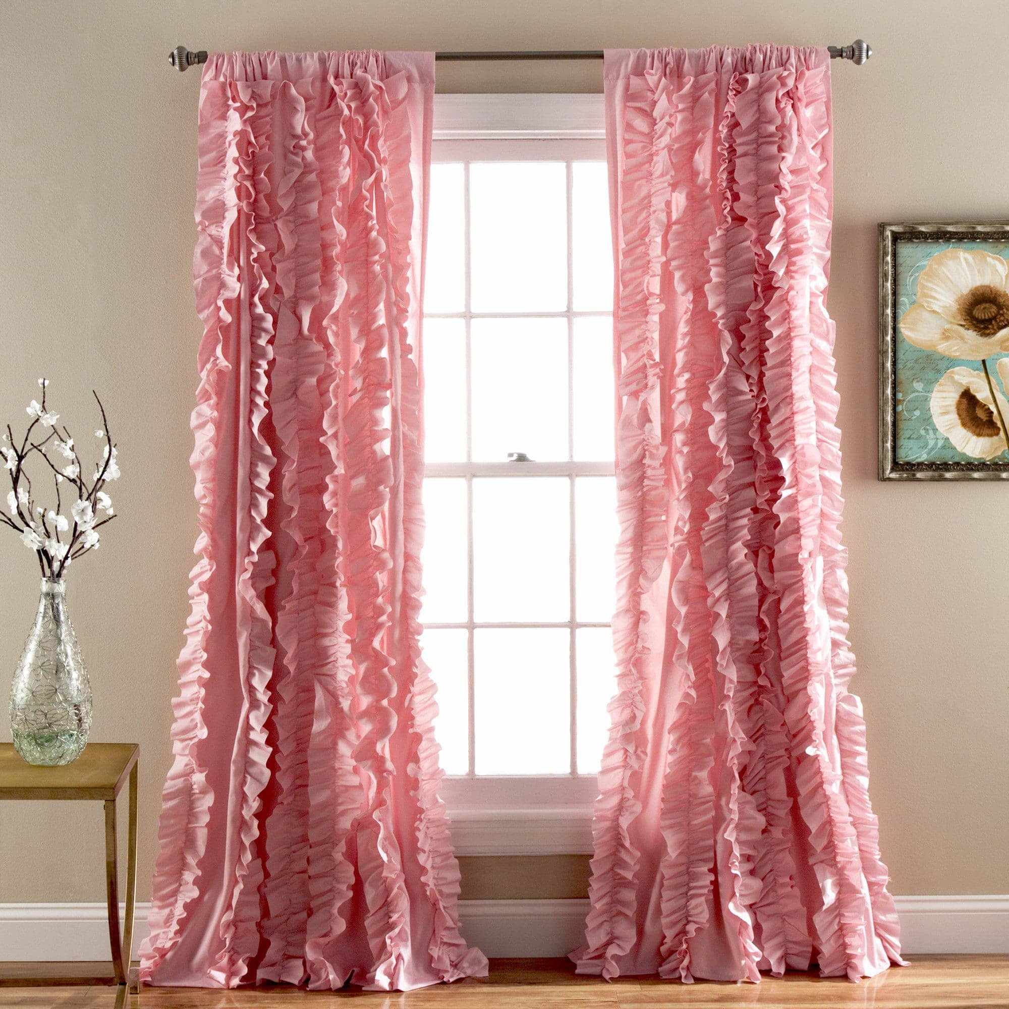 Belle Pink Polyester Semi-Sheer Ruffled Window Panel