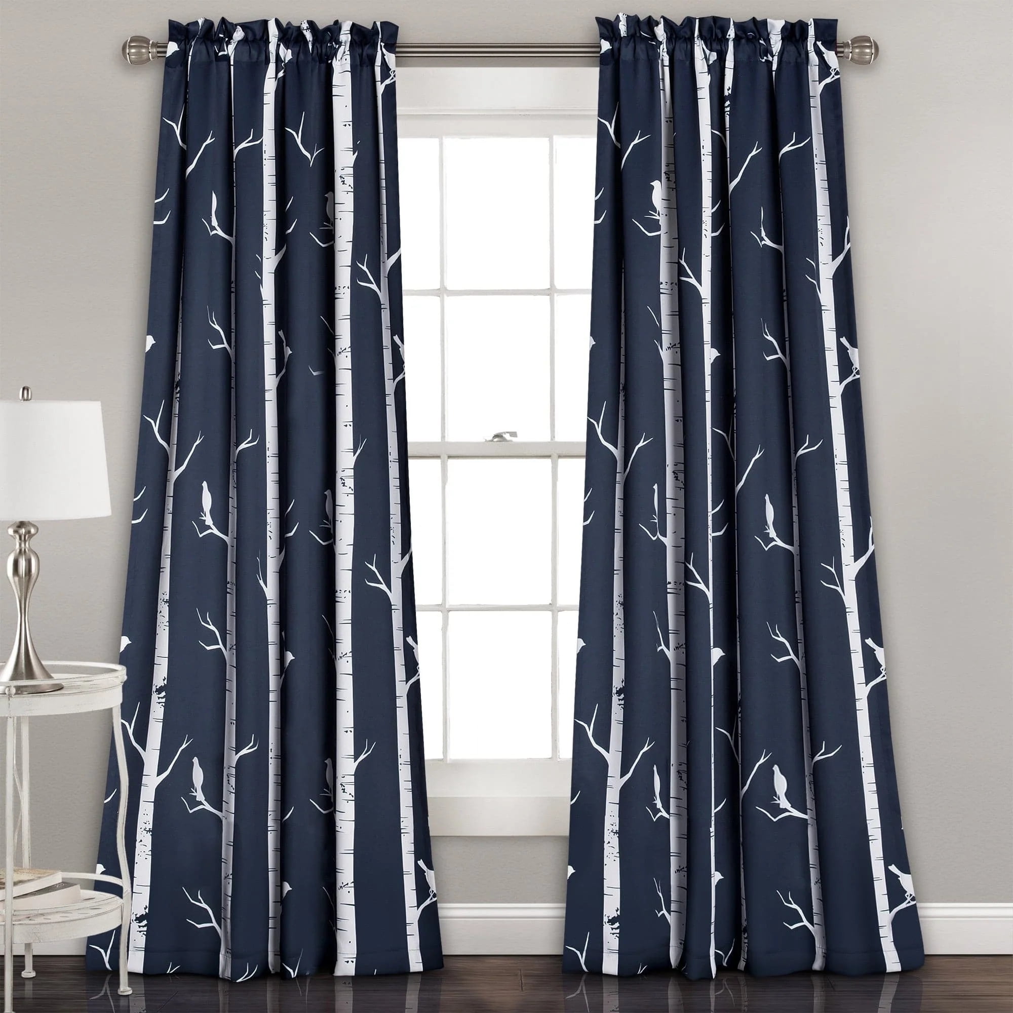 Navy Polyester Room Darkening Bird Print Window Panels
