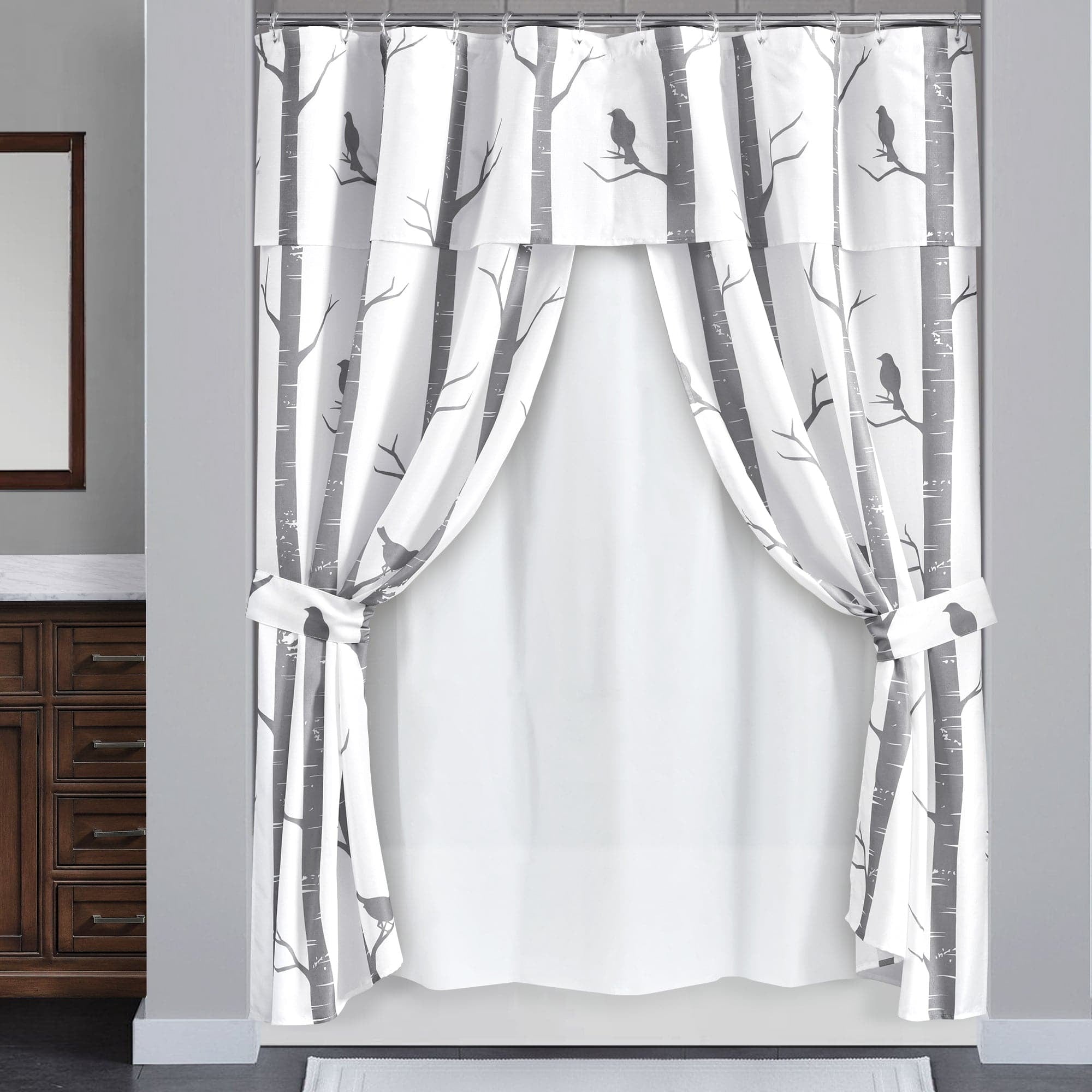 Gray Bird on the Tree Double Swag Shower Curtain Set with Liner