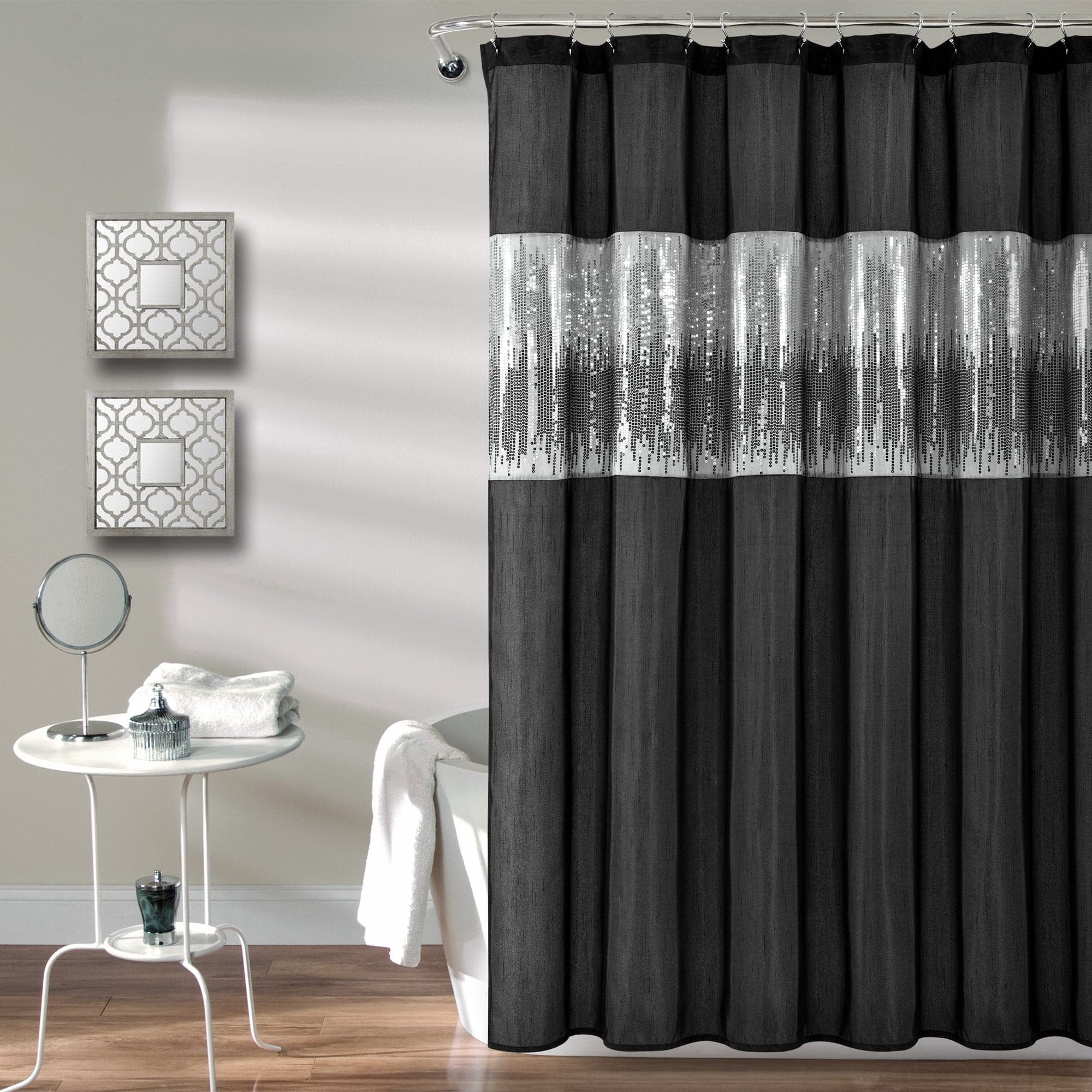 Black and Silver Faux Silk Sequin Shower Curtain