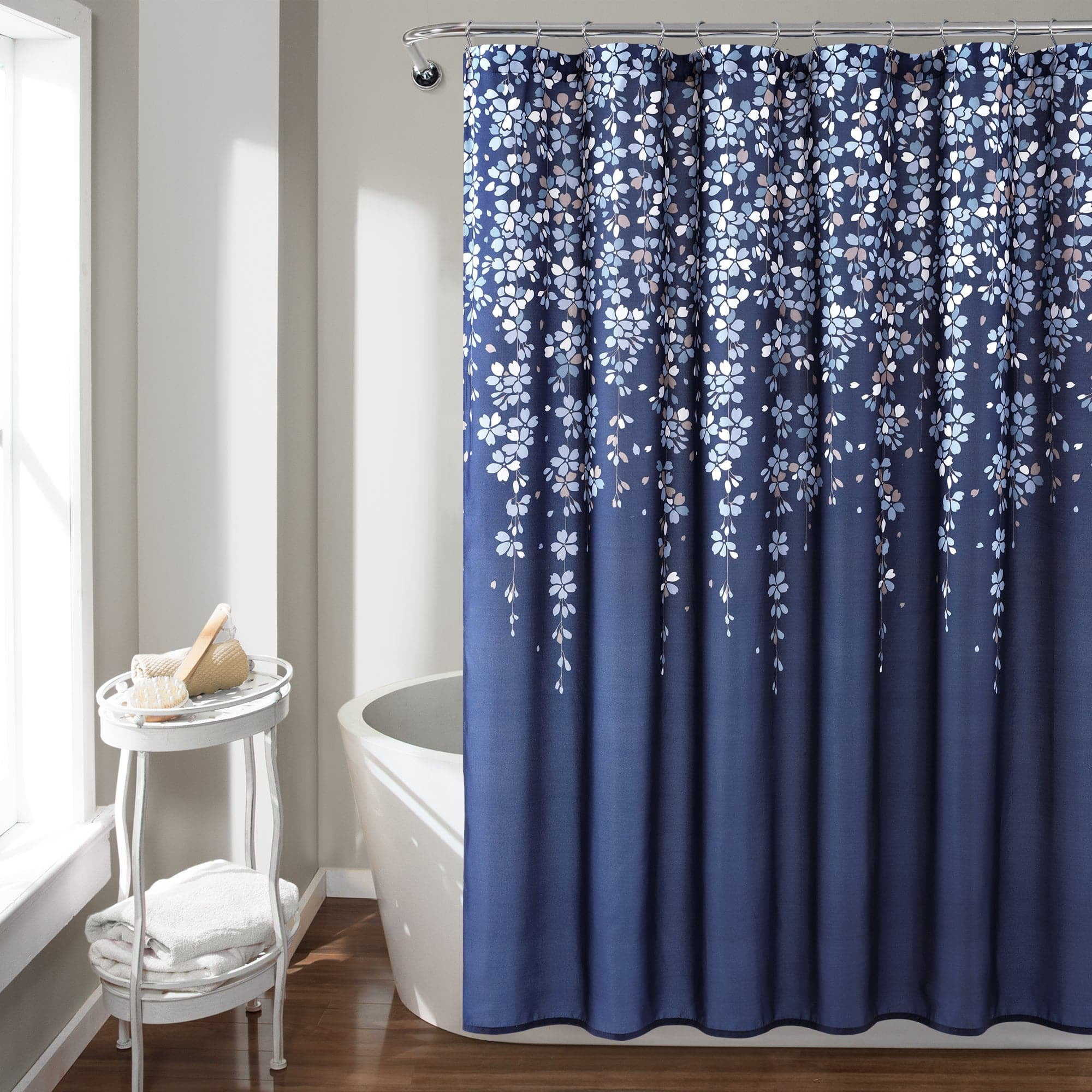 Sapphire Blue Floral Microfiber Shower Curtain