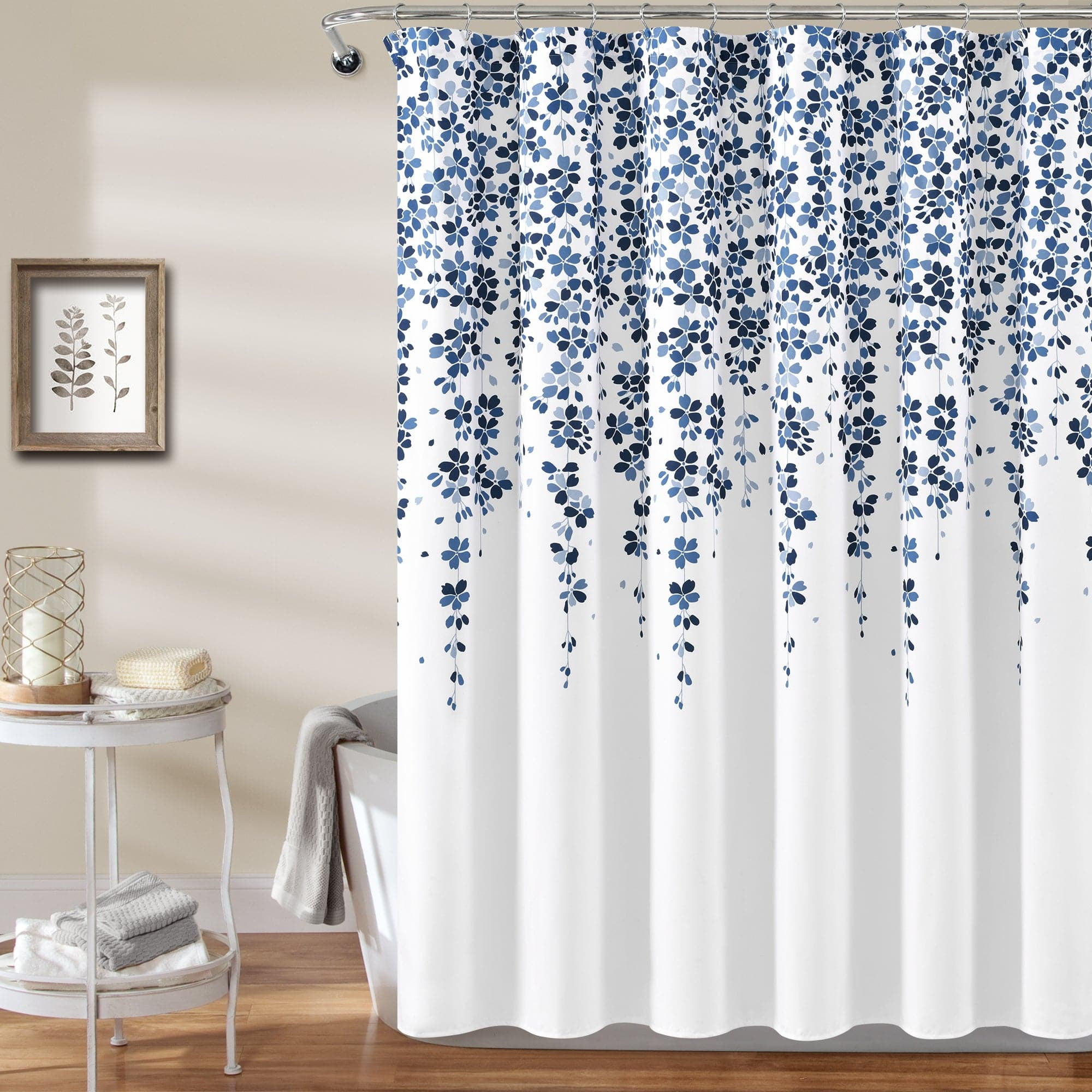 Navy and Blue Floral Microfiber Shower Curtain, 72" x 72"